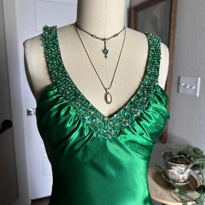 Mermaid V-Neck Beaded Sequins Backless Satin Green Long Party Dress