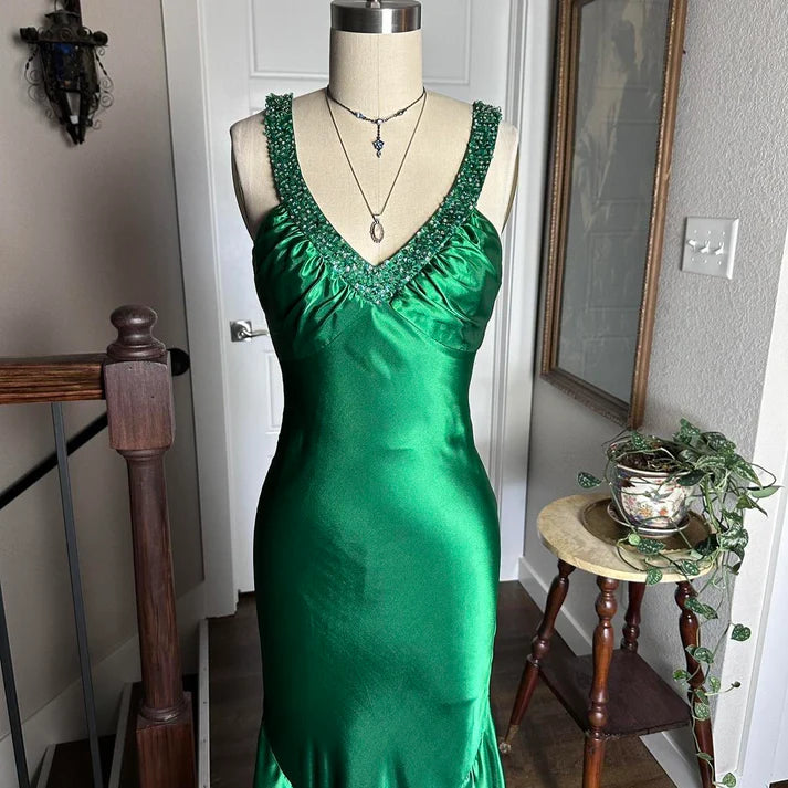 Mermaid V-Neck Beaded Sequins Backless Satin Green Long Party Dress