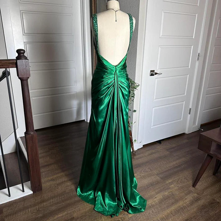 Mermaid V-Neck Beaded Sequins Backless Satin Green Long Party Dress