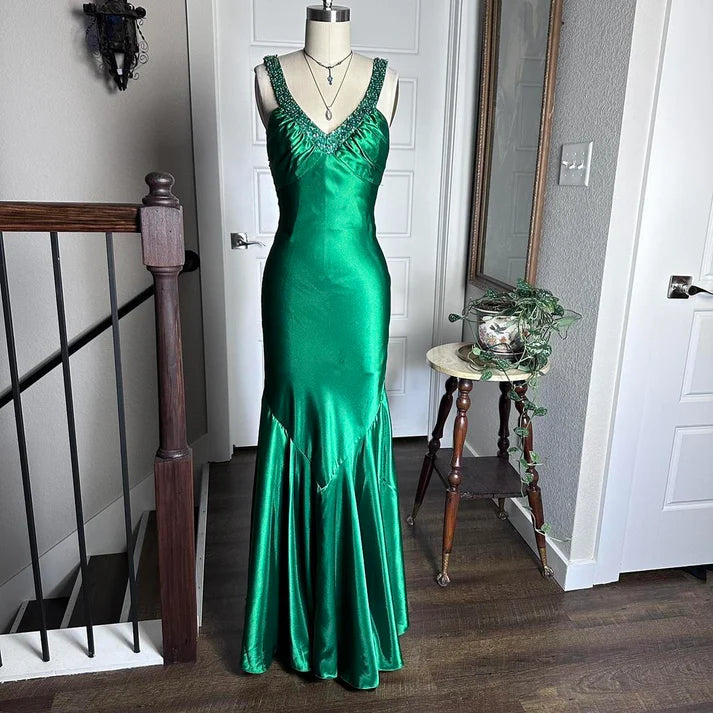 Mermaid V-Neck Beaded Sequins Backless Satin Green Long Party Dress