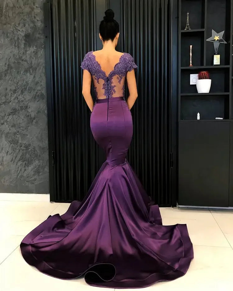Mermaid V-Neck Cap Sleeve Beaded Lace Satin Purple Prom Dress With Train