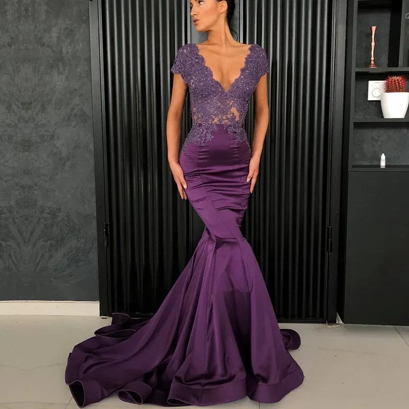 Mermaid V-Neck Cap Sleeve Beaded Lace Satin Purple Prom Dress With Train