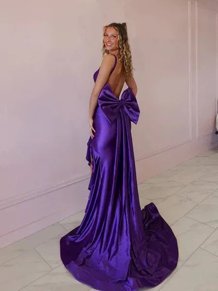 Mermaid V-Neck Corset Ruffle Satin Purple Long Prom Dress With Bow And Slit