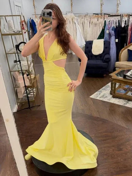 Mermaid V-Neck Cutout Ruched Open Back Satin Yellow Long Prom Dress