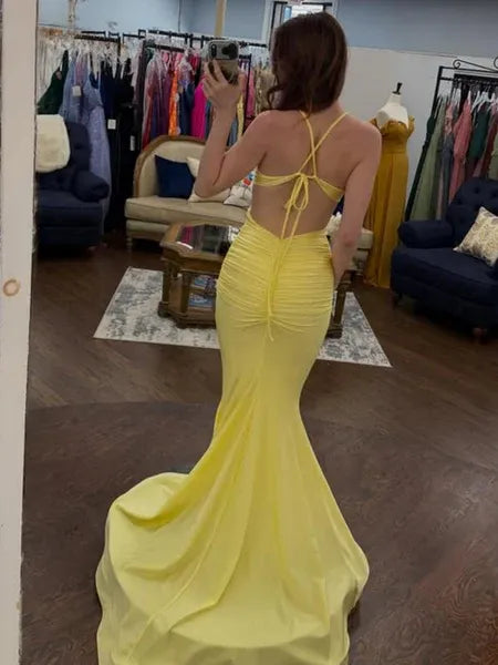 Mermaid V-Neck Cutout Ruched Open Back Satin Yellow Long Prom Dress