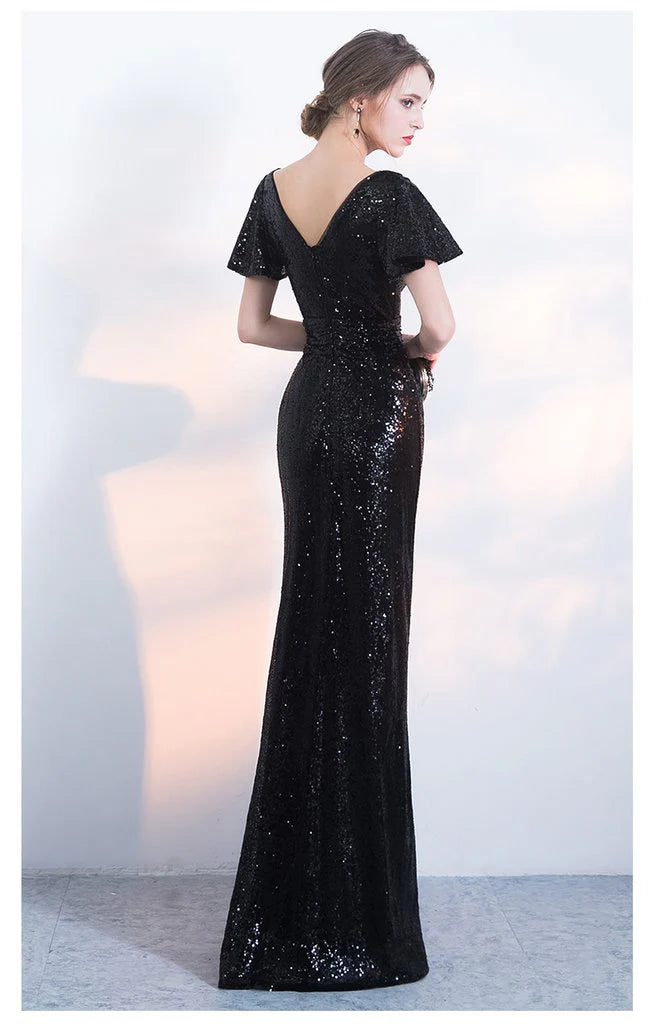 Mermaid V-Neckline Cap Sleeves Pleated Sequins Black Long Prom Dress