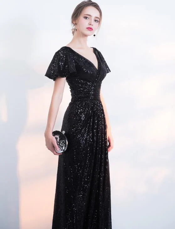 Mermaid V-Neckline Cap Sleeves Pleated Sequins Black Long Prom Dress