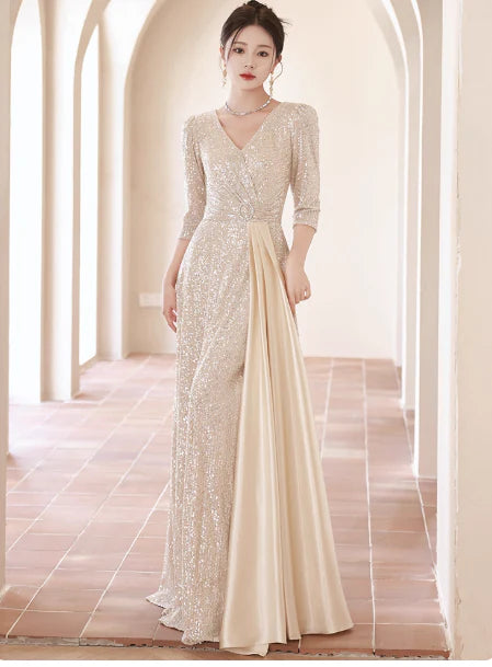 Mermaid V-neck Long Sleeve Champagne Mother of the Bride Dresses Prom Dress