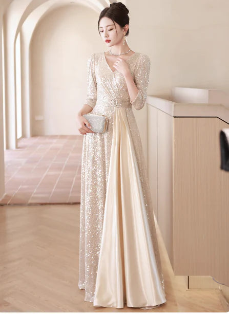 Mermaid V-neck Long Sleeve Champagne Mother of the Bride Dresses Prom Dress
