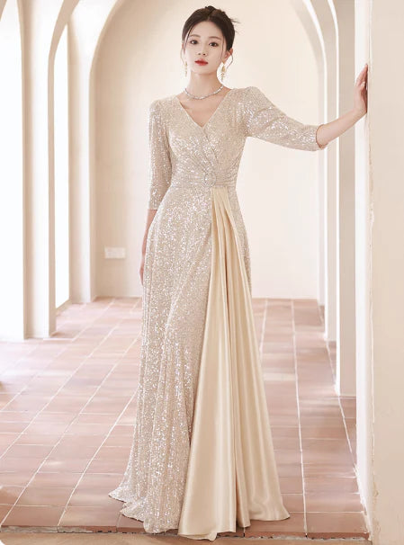 Mermaid V-neck Long Sleeve Champagne Mother of the Bride Dresses Prom Dress