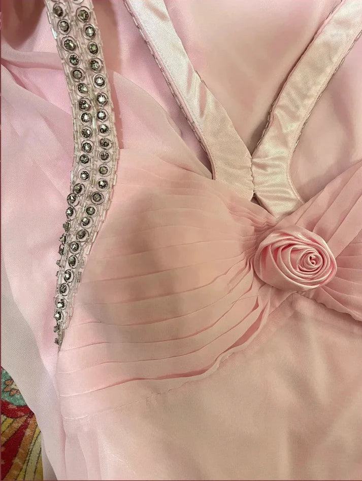 Mermaid V Neck 3D Floral Beaded Double Tulle Pink Long Party Dress