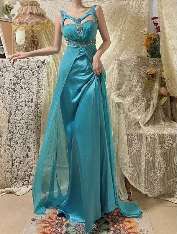 Mermaid V Neck Beaded Cutout Double Satin Blue Long Party Dress