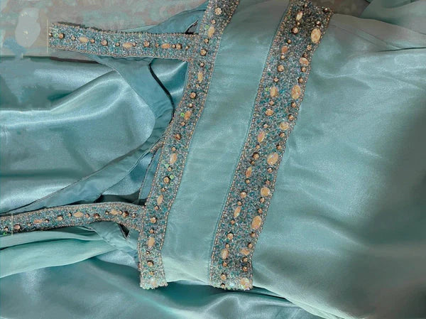 Mermaid V Neck Beaded Cutout Double Satin Blue Long Party Dress