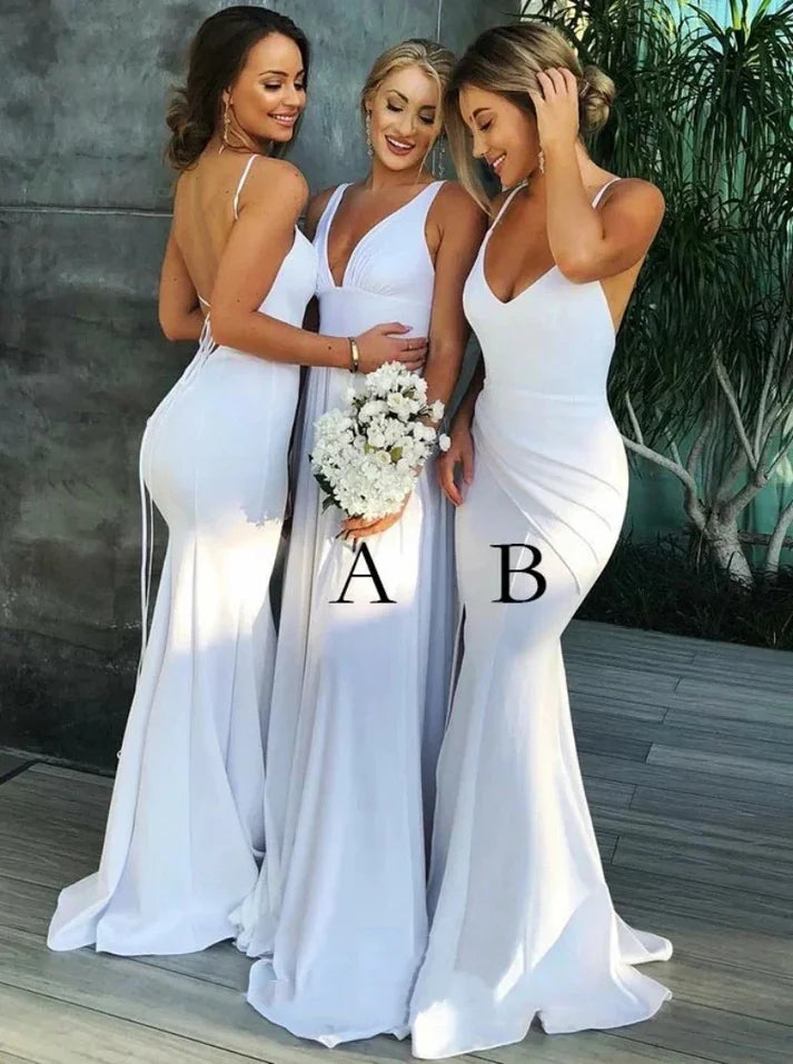 Mermaid V Neck Bodycon Open Back White Floor Length Bridesmaid Dresses