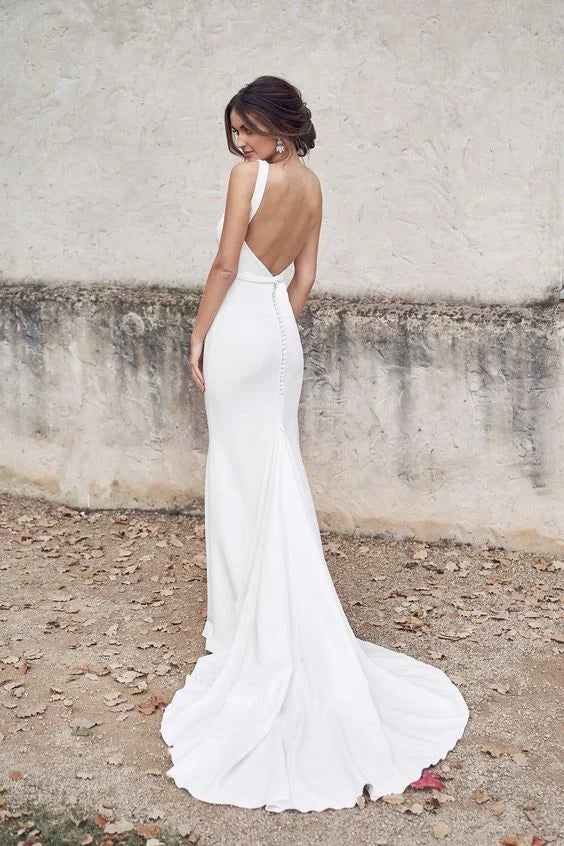 Mermaid V Neck Button Open Back Satin White Prom Dress Wedding Dress