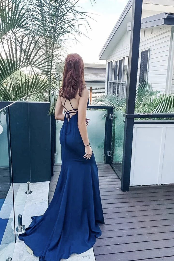 Mermaid V Neck Cross-Strap Back Blue Long Prom Dress Evening Dress