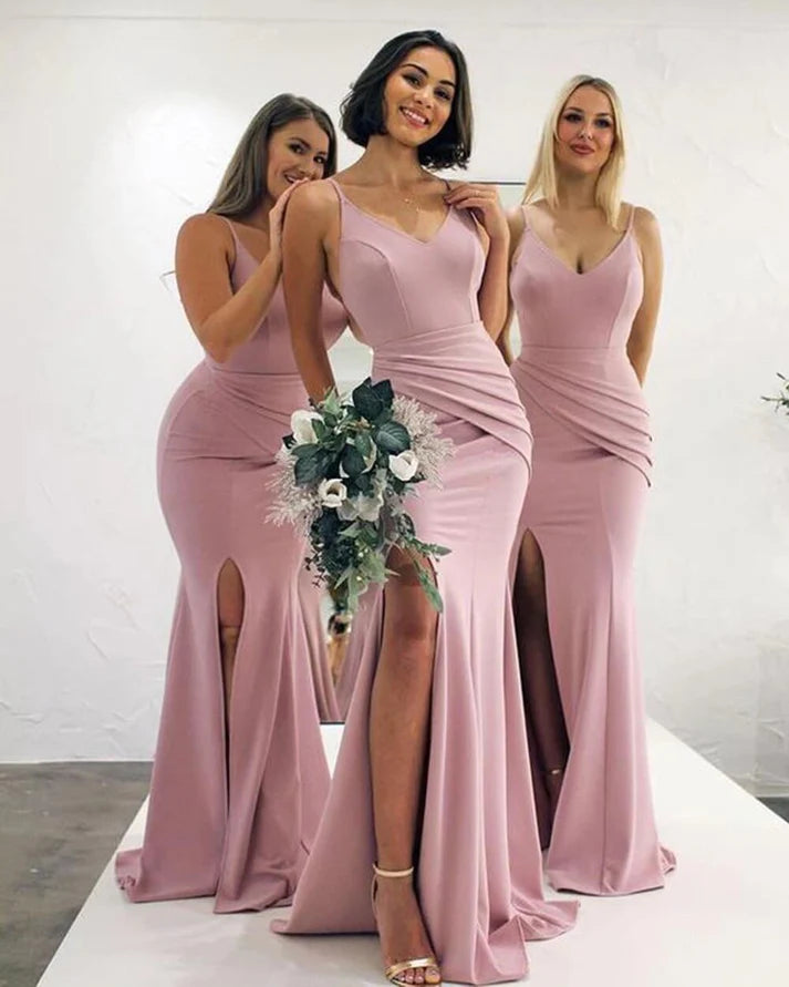Mermaid V Neck Pleated Dusty Pink Long Bridesmaid Dresses With Slit