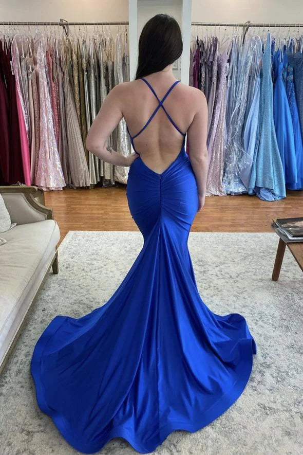 Mermaid V Neck Satin Blue Long Prom Dress Evening Dress With Train
