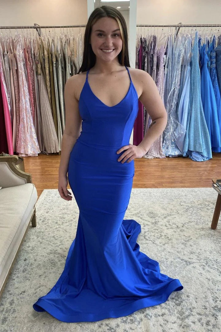 Mermaid V Neck Satin Blue Long Prom Dress Evening Dress With Train