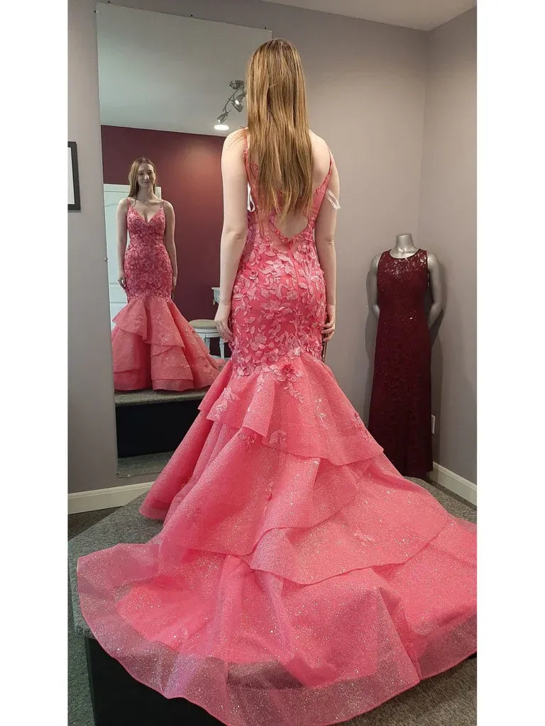 Mermaid V Neck Spaghetti Strap Floral Ruffles Pink Prom Dress With Train