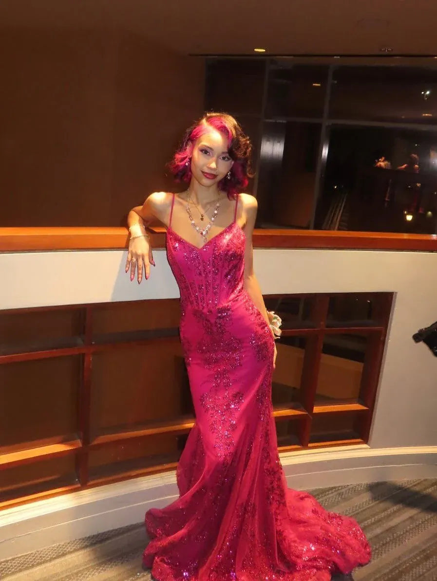 Mermaid V Neck Spaghetti Strap Sequined Applique Fuchsia Train Prom Dress