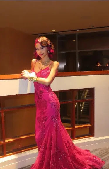 Mermaid V Neck Spaghetti Strap Sequined Applique Fuchsia Train Prom Dress