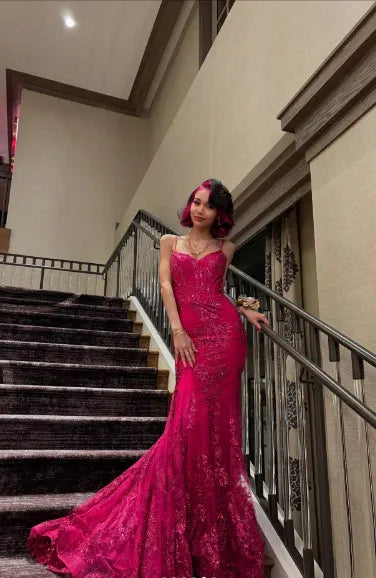 Mermaid V Neck Spaghetti Strap Sequined Applique Fuchsia Train Prom Dress