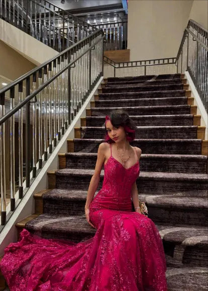 Mermaid V Neck Spaghetti Strap Sequined Applique Fuchsia Train Prom Dress