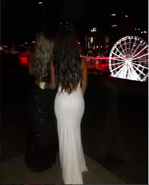 Mermaid V Neck Spaghetti Straps Sequin White Floor Length Prom Dress