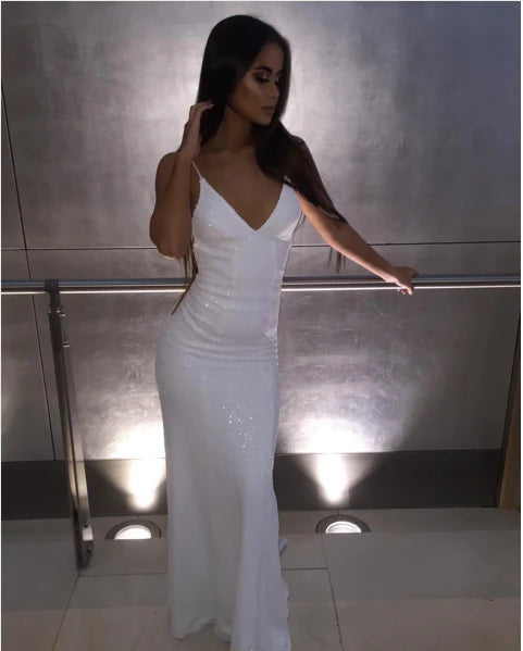 Mermaid V Neck Spaghetti Straps Sequin White Floor Length Prom Dress
