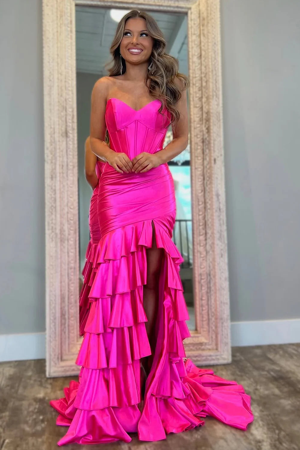 Mermaid Strapless Ruffle Tiered Slit Satin Royal Blue Prom Dress With Train