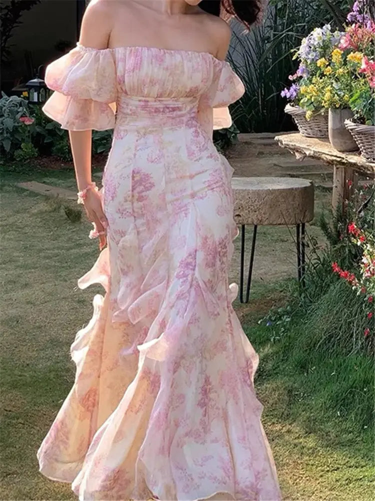 Xuewuba Stores With Prom Dresses Puff Sleeve Floral Pink Maxi Dress Formal Women's Dresses