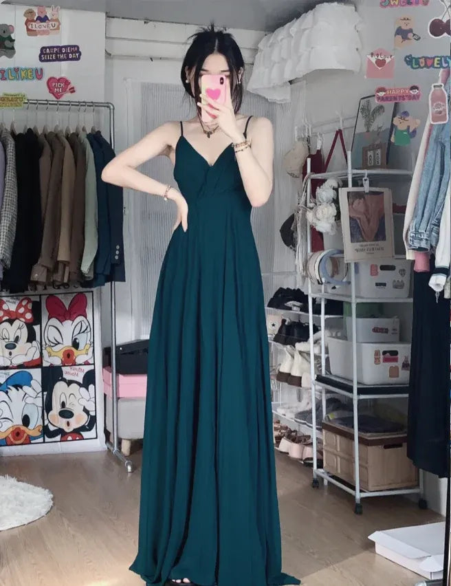 Minimalist A-Line Spaghetti Strap Ruched Teal Floor Length Prom Dress For Sale