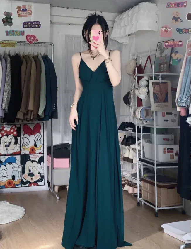 Minimalist A-Line Spaghetti Strap Ruched Teal Floor Length Prom Dress For Sale
