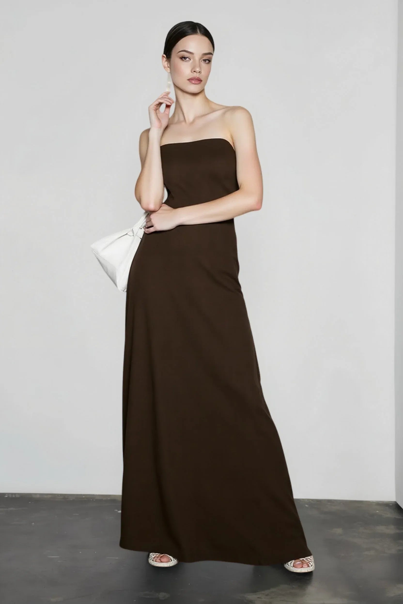 Minimalist A-Line Strapless Smocked-Back Dark Brown Floor-Length Prom Dress