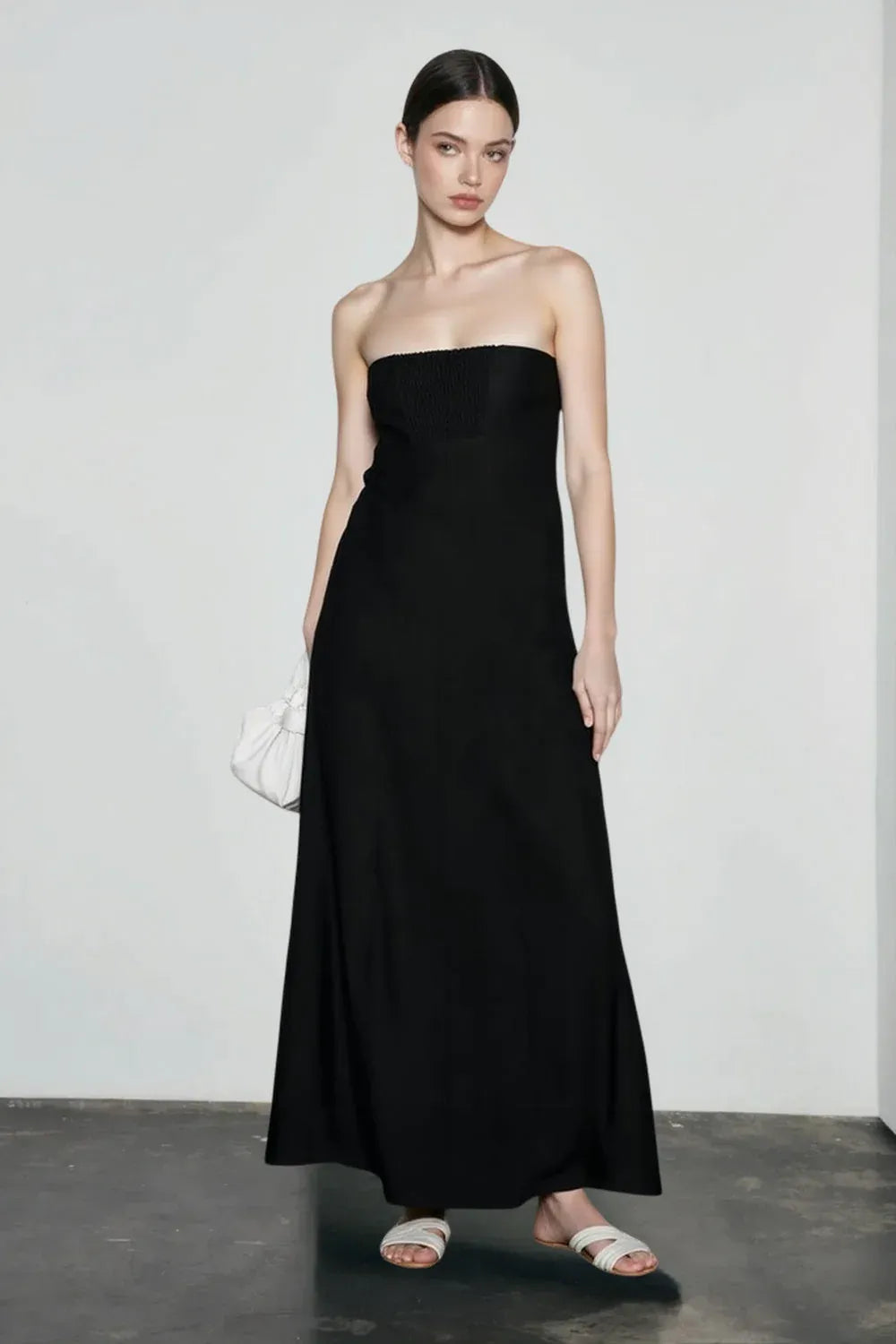 Minimalist A-Line Strapless Smocked-Back Dark Brown Floor-Length Prom Dress