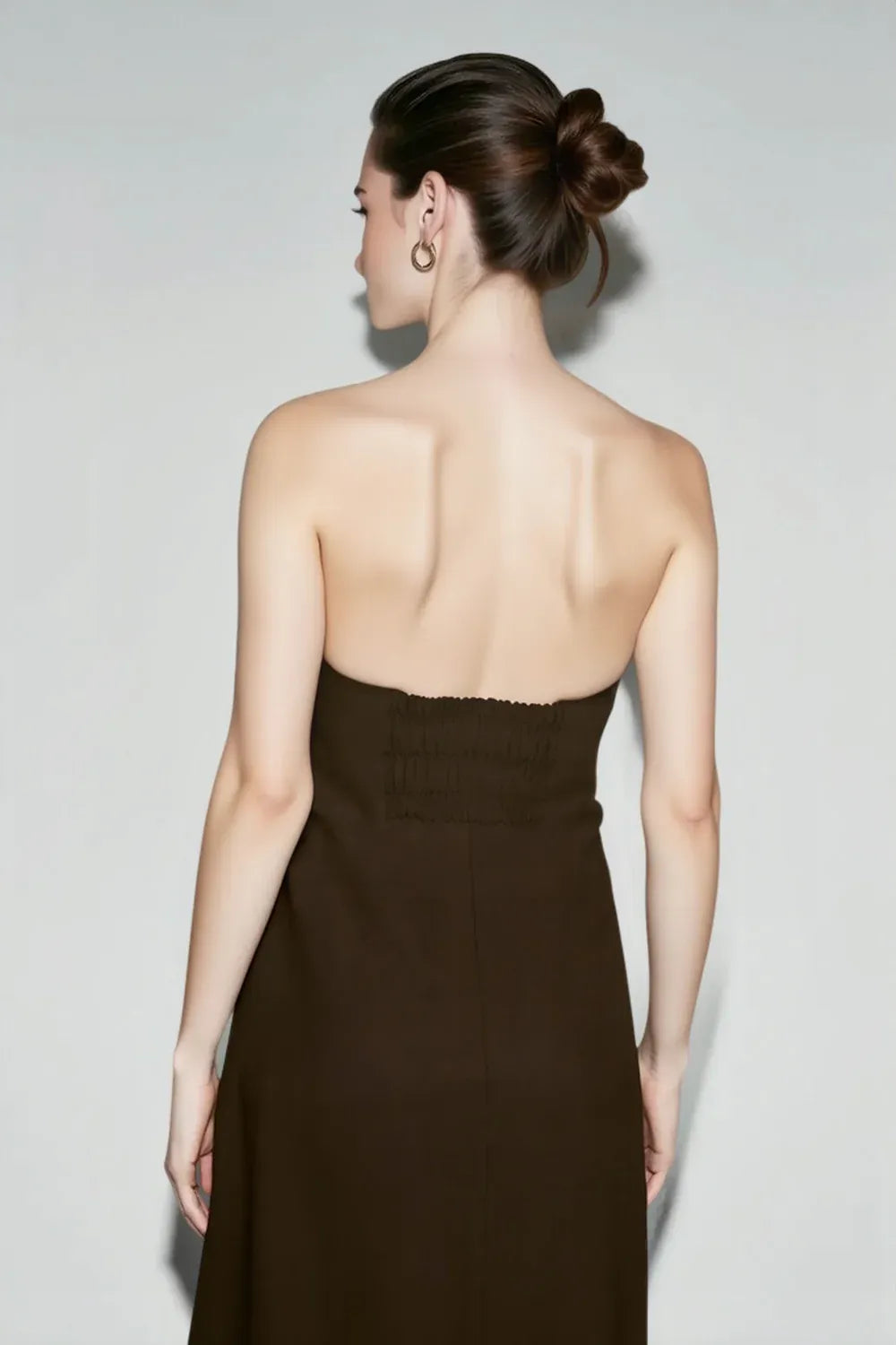 Minimalist A-Line Strapless Smocked-Back Dark Brown Floor-Length Prom Dress