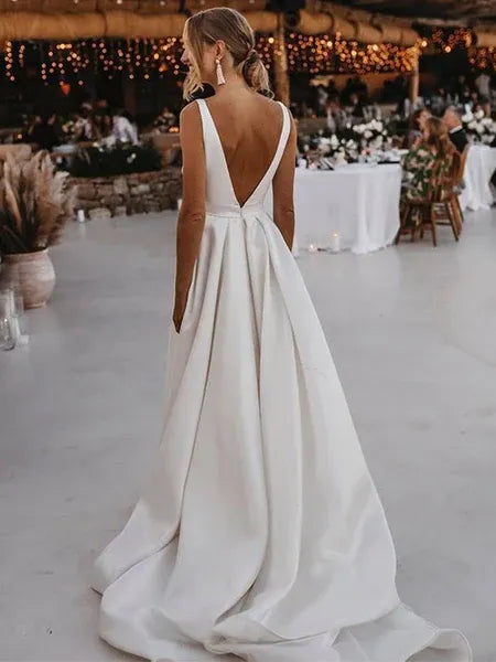 Minimalist A Line V Neck Slit Satin White Floor Length Prom Dress With Belt