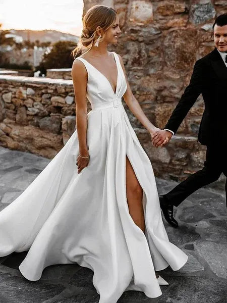 Minimalist A Line V Neck Slit Satin White Floor Length Prom Dress With Belt