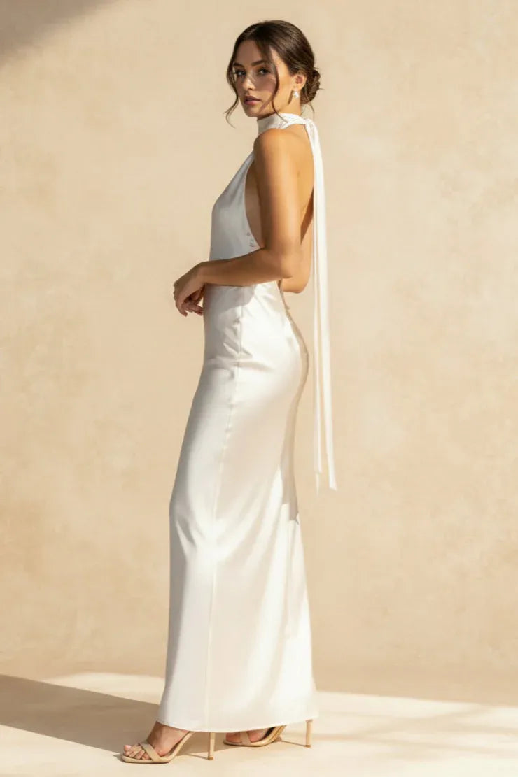 Minimalist Mermaid Halter Open-Back Satin Ivory Floor-Length Prom Dress With Back Slit