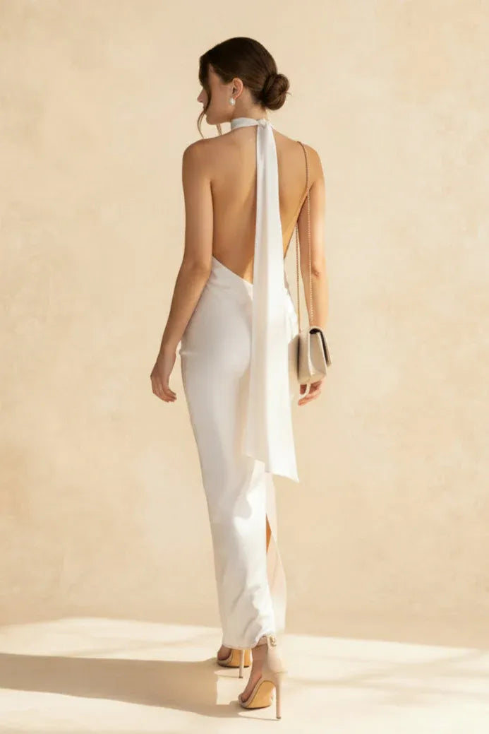 Minimalist Mermaid Halter Open-Back Satin Ivory Floor-Length Prom Dress With Back Slit