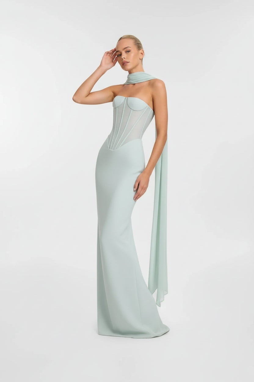 Minimalist Mermaid Sweetheart Corset Sage Green Maxi Prom Dress With Streamer
