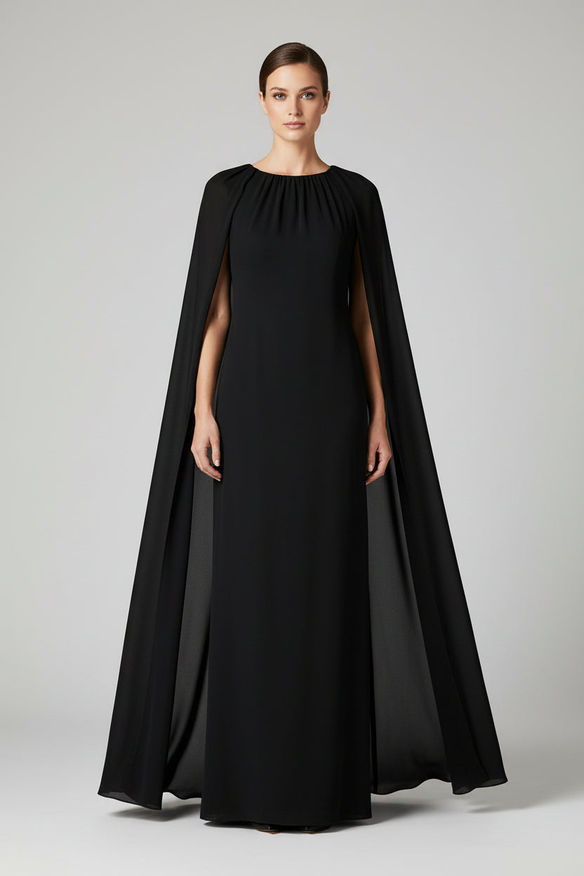 Minimalist Shift Crew-Neck Cape-Sleeve Chiffon Black Floor-Length Evening Dress for Women