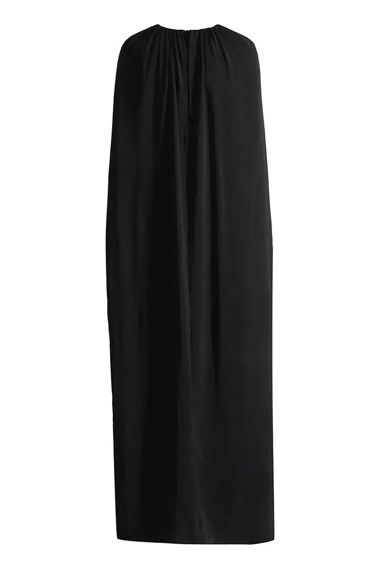 Minimalist Shift Crew-Neck Cape-Sleeve Chiffon Black Floor-Length Evening Dress for Women