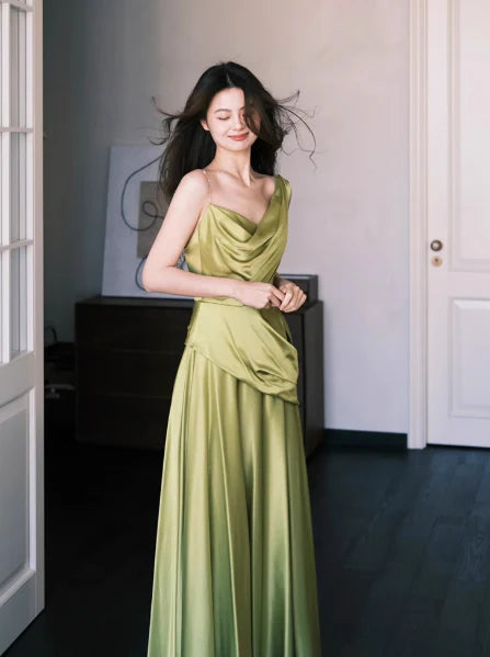 Modern A-Line Asymmetric Neckline Satin Green Long Evening Dress Prom Dress
