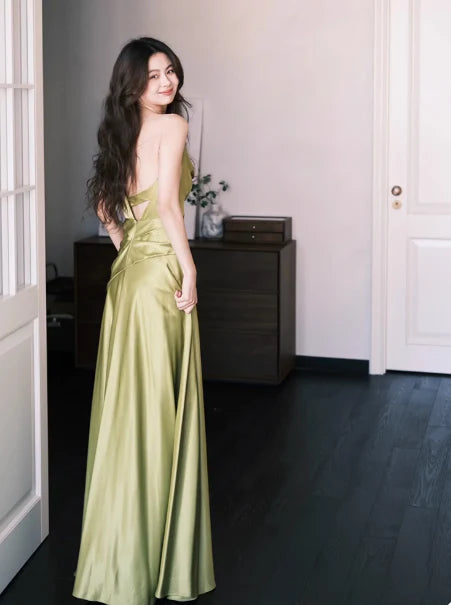 Modern A-Line Asymmetric Neckline Satin Green Long Evening Dress Prom Dress