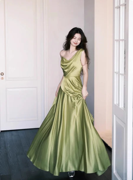 Modern A-Line Asymmetric Neckline Satin Green Long Evening Dress Prom Dress