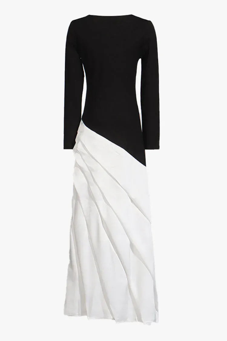 Modern A-Line Boat-Neck Long-Sleeve Two-Tone Satin Floor-Length Evening Dress for Women