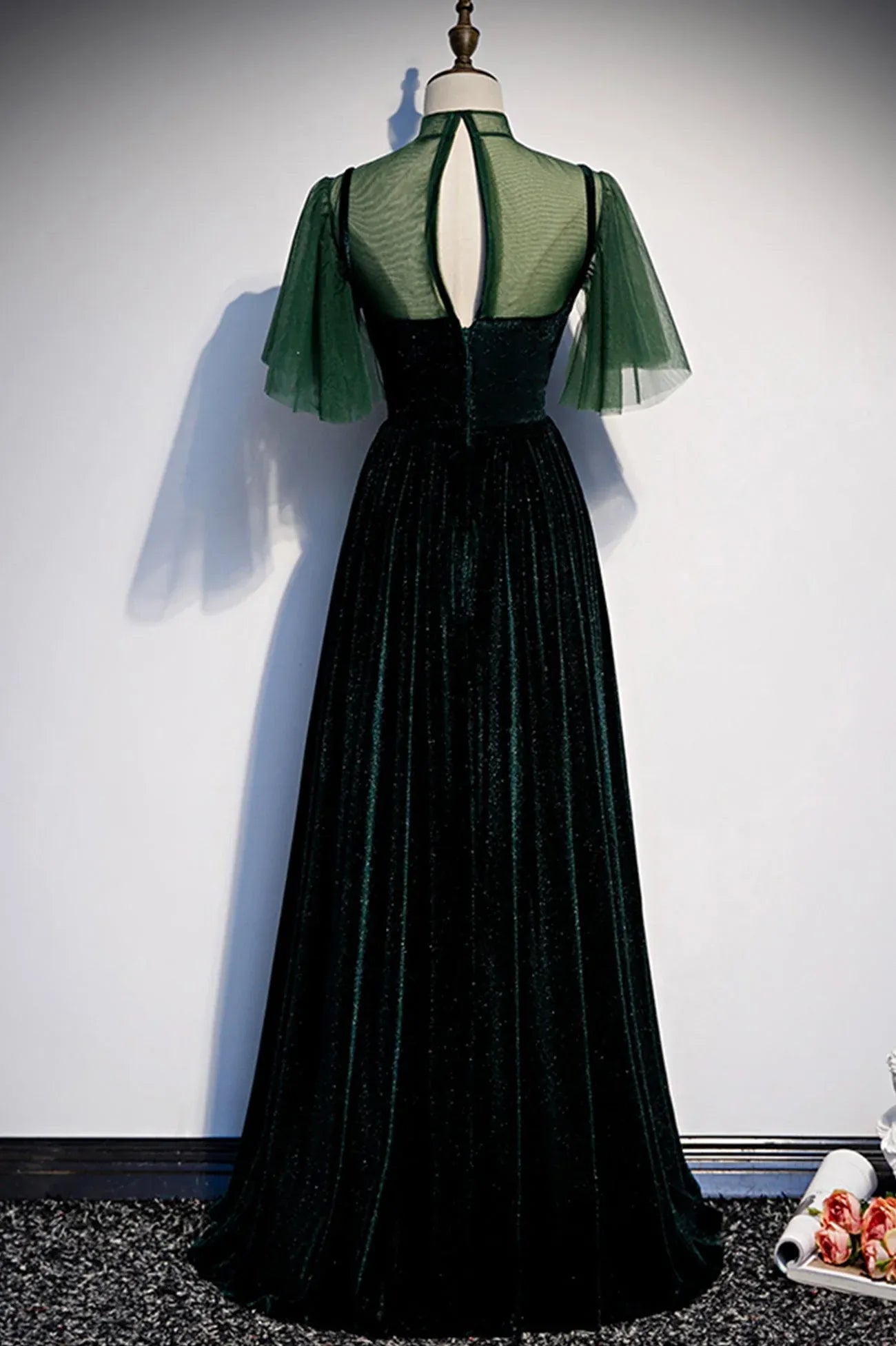 Modern A-Line High Neck Flutter Sleeve Keyhole Back Sweep/Brush Train Prom Dress