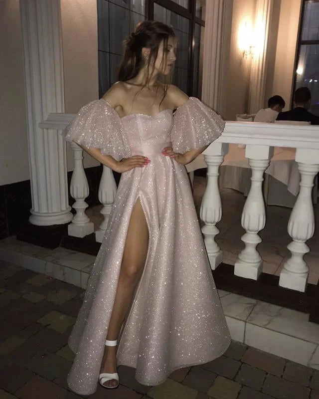 Modern A-Line Off the Shoulder Puffy Sleeves Backless Floor-Length Prom Dress